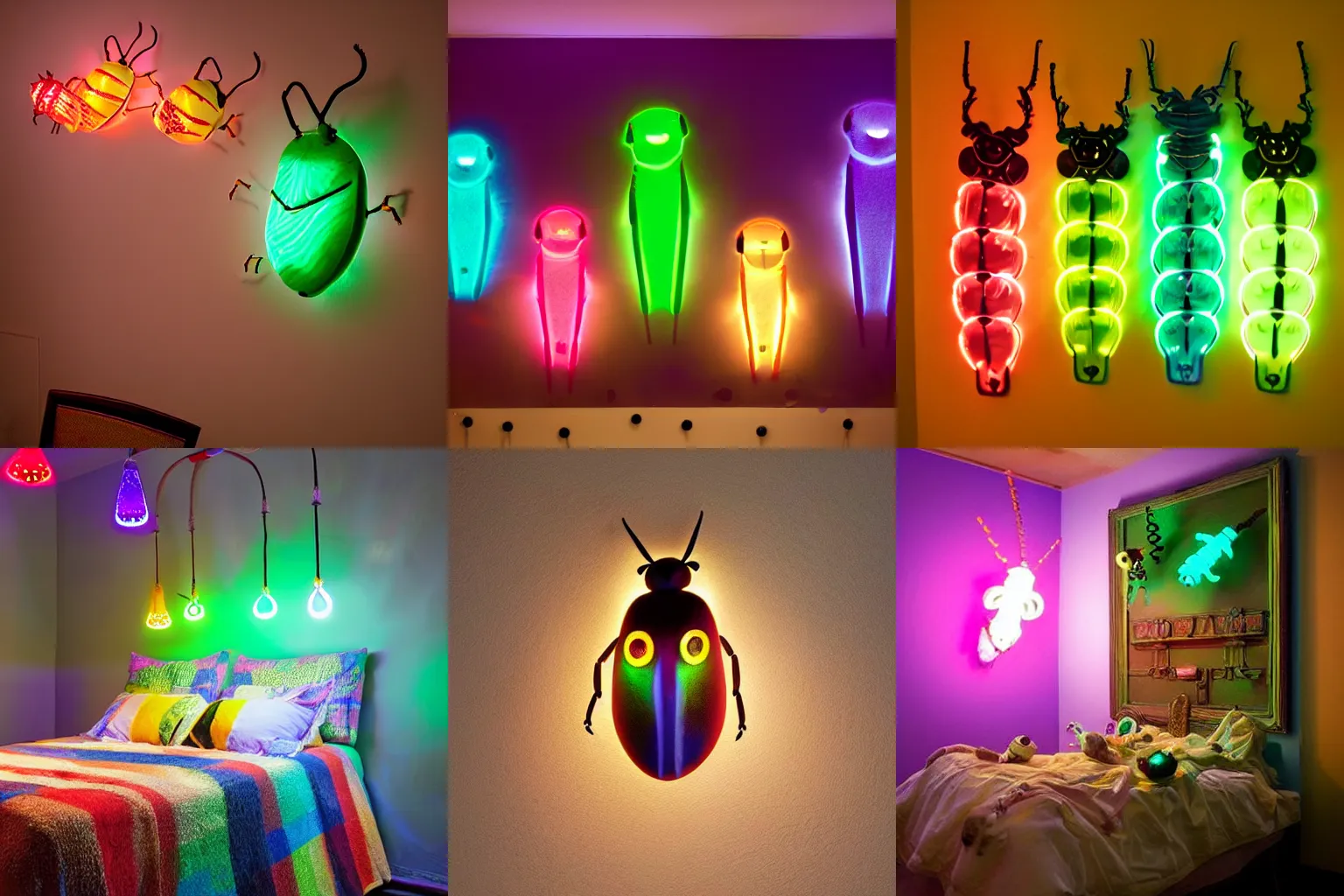 Prompt: glowing light fixtures that look like multicolored beetles from Coraline (2009) mounted on bedroom wall, four poster bed, claymation, creepy, glowing beetles, voodoo, magic, foreboding, little girl's room, giant beetles in neon colors crawling on wall and emitting a faint light