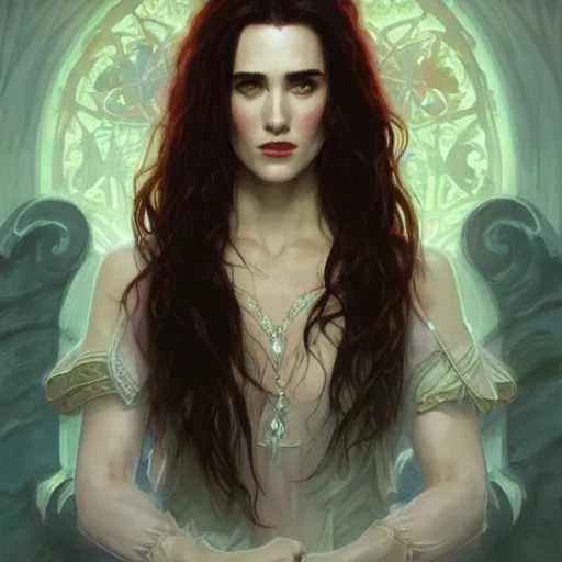 Prompt: Portrait of Jennifer Connelly as a vampire, D&D, muscular, colorful pastel fantasy, intricate, elegant, highly detailed, digital painting, artstation, concept art, smooth, sharp focus, illustration, art by artgerm and greg rutkowski and alphonse mucha