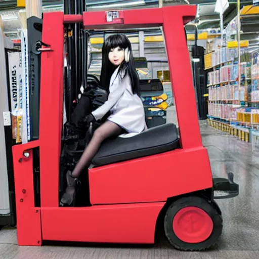 Image similar to a person cosplaying homura akemi operating a forklift