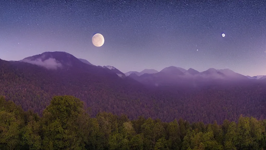 Image similar to Panoramic photo where the mountains are towering over the valley below their peaks shrouded in mist. The moon is just peeking over the horizon and the purple sky is covered with stars and clouds. The river is winding its way through the valley and the trees are light blue.