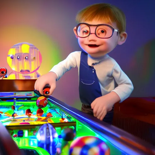 Image similar to kid playing pinball, 3d render by Pixar, raytracing, black background