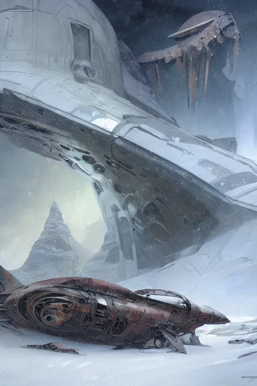 Image similar to ancient crashed spaceship in ice, snowstorm, horror, intricate digital painting artstation concept art smooth sharp focus illustration, art by artgerm and paul chadeisson and greg rutkowski and alphonse mucha