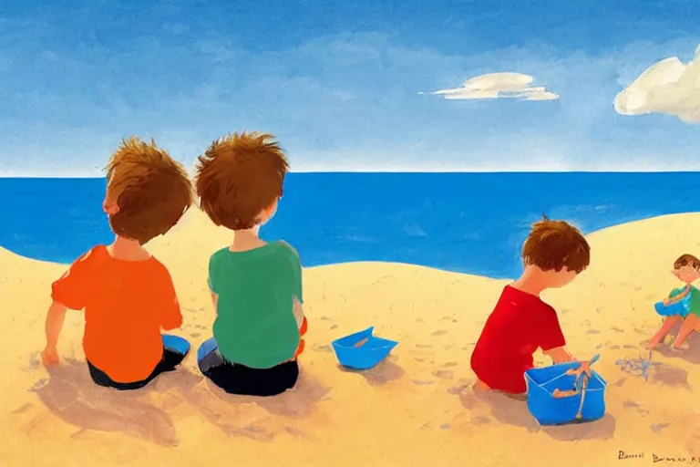 Image similar to Two happy children sitting on the beach making sandcastles, blue sky, HD, comic book, illustration by Benji Davies