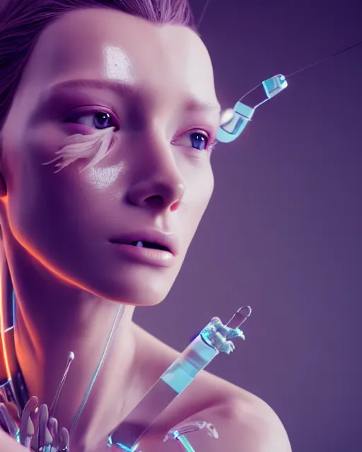 Image similar to a 3 d render of a beautiful female translucent cyborg trying to fix her broken head with futuristic tools, dreamy, elegant photorealistic, cinematic, octane render,