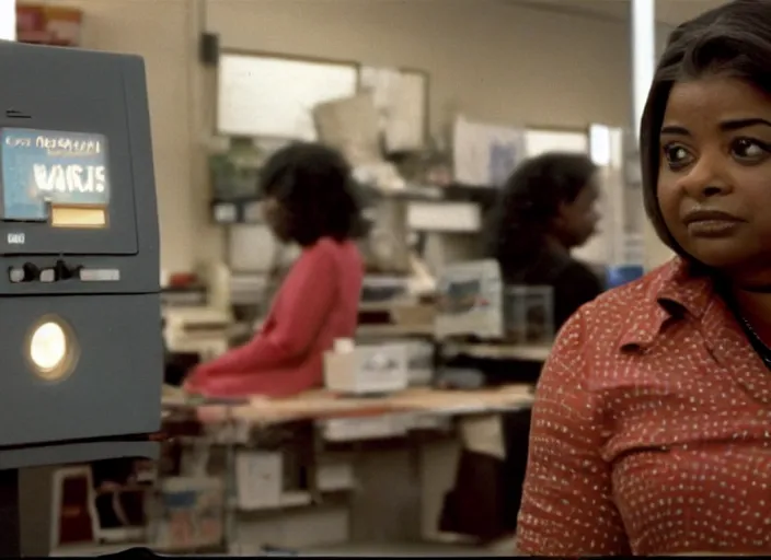 Prompt: cinematic shot of octavia spencer in an small used electronics store next to an old electronic keyboard, iconic scene from the paranoid thriller sci fi film directed by stanley kubrick, anamorphic cinematography, beautiful composition, color theory, leading lines, photorealistic, volumetric lighting