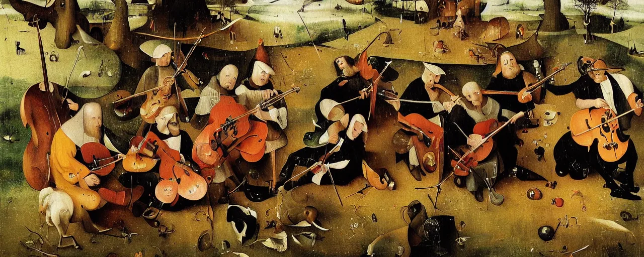 Prompt: an energetic bluegrass band in a beautiful and highly detailed oil painting by hieronymus bosch