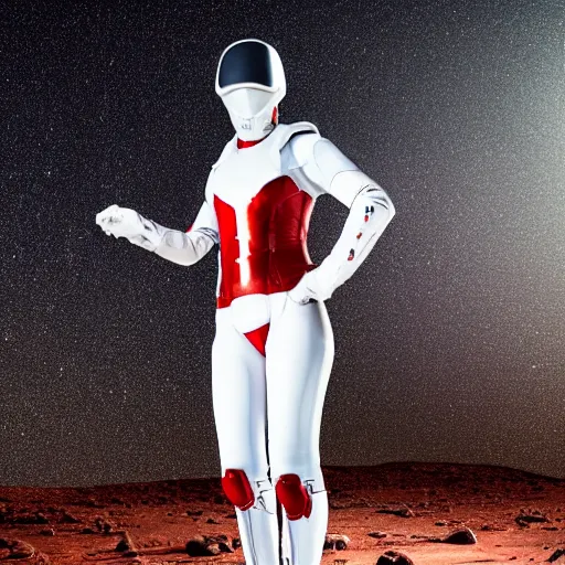 Prompt: portrait of a athletic female soldier in glossy sleek white armor with tiny red details and a long red cape, heroic posture, on the surface of mars, night time, dramatic lighting, cinematic, sci-fi, hyperrealistic