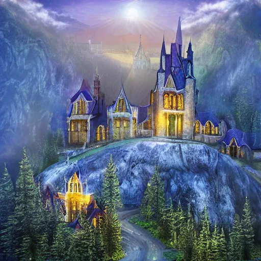 Prompt: magical academy on a mountain, town below, mist, mystical, happy, sunshine, realistic, by bagshaw, tom