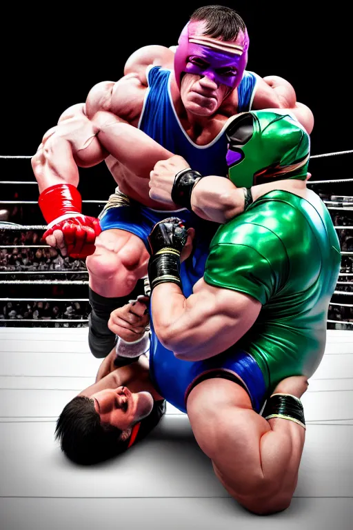 Image similar to john cena wrestling with kamen rider, high resolution, face features, body features, photorealistic, smooth, 4 k, aesthetic lighting, baroque object, sharp focus, hyperdetailed object, by : canon eos 5 d mark iv and sigma 7 0 - 2 0 0 mm f / 2. 8 dg os hsm sports