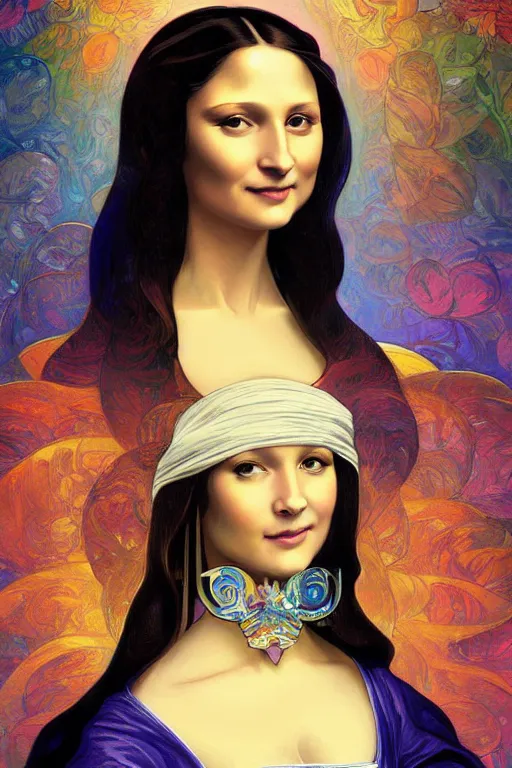 Image similar to a painting similar to the mona lisa portrait but in style by lisa frank and jim lee character portrait, intricate, elegant, highly detailed, digital painting, artstation, concept art, smooth, sharp focus, illustration, art by artgerm and greg rutkowski and alphonse mucha