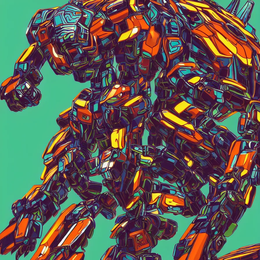 Image similar to a hypermaximalist overdetailed antropomorphic humanoid mecha or android with a hed of a lynx, tiger, or lion. lowbrow color palette. artwork by subjekt zero