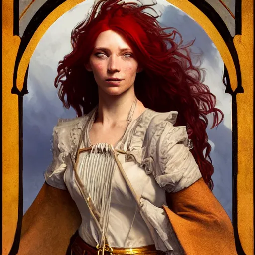 Image similar to portrait of a redhead human bard in a medieval tabern, joyful, fantasy, highly detailed, digital painting, artstation, concept art, character art, art by greg rutkowski and tyler jacobson and alphonse mucha