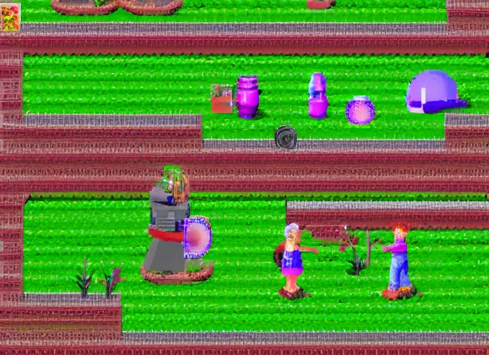 Prompt: screenshot of a sega saturn game about robot gardeners