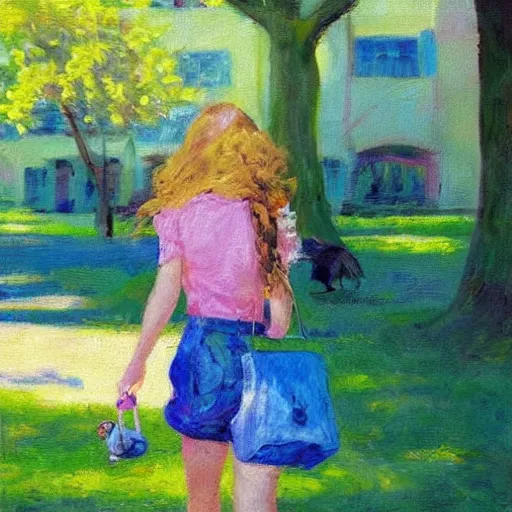 Image similar to “an impressionist vivid painting of a cute blonde girl walking on a sunny day, carrying a handbag with a cute pet mouse in it. Trending on artstation, wide angle”