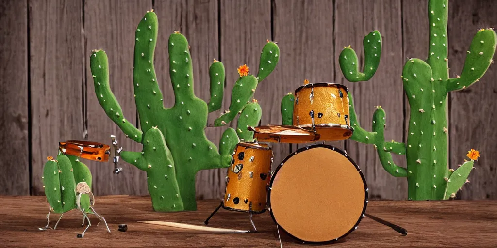 Image similar to cactus playing drums,very detailed, professional award winning photo