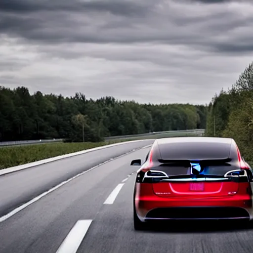 Prompt: A red Tesla Model S on the autobahn with a huge black smoke coming from the rear