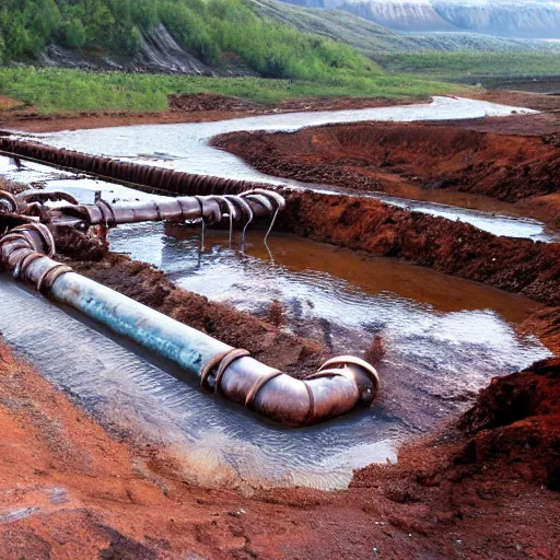 Image similar to underground copper mine, flooded, dirty water, rusty pipes