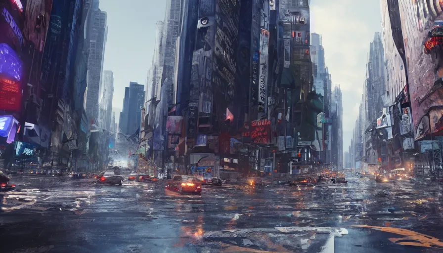 Image similar to Movie scene of tsunami in New-York City streets, First person view, hyperdetailed, artstation, cgsociety, 8k