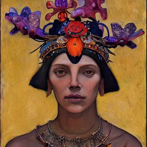 Image similar to the bone crown, by Annie Swynnerton and Nicholas Roerich and Diego Rivera, dark skin, elaborate costume, flowers, iridescent beetles, rich color, dramatic cinematic lighting, smooth, sharp focus, extremely detailed