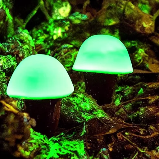 Image similar to bioluminescent jello mushrooms growing in the forest