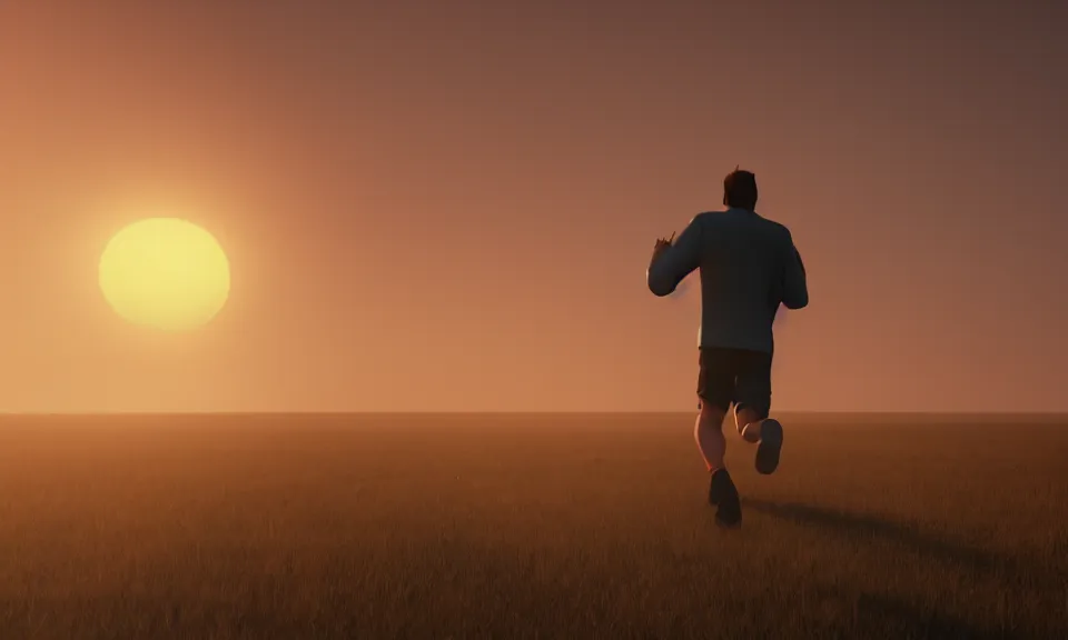 Image similar to A lonely man running towards the sunset in the dusk,featured in artstation, octane render, cinematic, elegant, intricate, 8k