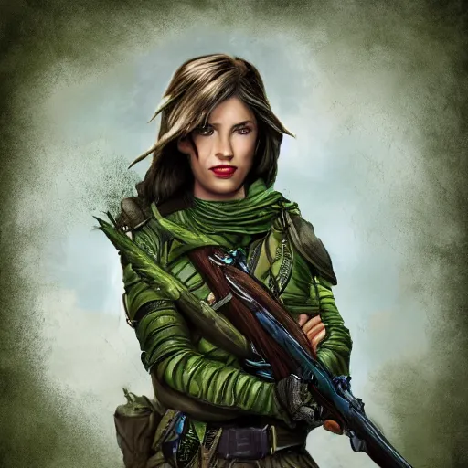 Prompt: portrait of a female ranger, dungeons and dragons, full color, vivid, realistic illustration, upper body close up, dressed in green camouflage