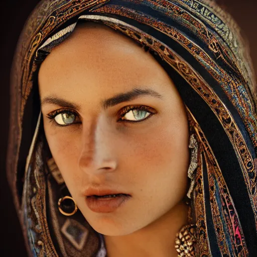 Image similar to vintage portrait of a stunningly beautiful arabic tribal female, depth of field, zeiss lens, detailed, symmetrical, centered, fashion photoshoot, by edward s curtis, Annie Leibovitz and Steve McCurry, David Lazar, Jimmy Nelsson, Breathtaking, 8k resolution, extremely detailed, beautiful, establishing shot, artistic, hyperrealistic, beautiful face, octane render