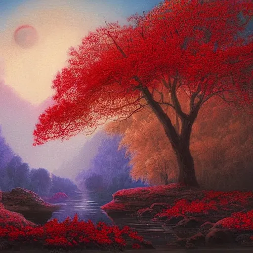 Prompt: A painting of a beautiful scene of nature. The colors are very soft and muted, and the overall effect is one of serenity and peace. The composition is well balanced, and the brushwork is delicate and precise. bright, 2010s, warm red by Virgil Finlay contest winner, #wow