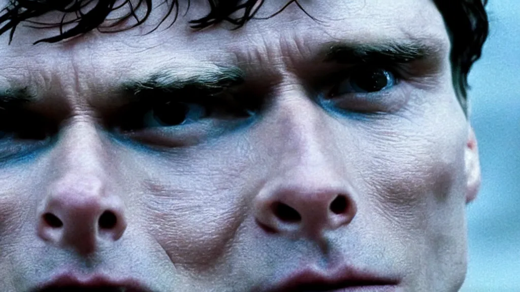 Image similar to close up photo of Cillian Murphy with 3 eyes, coming out of the ocean, extreme detailed face, film still from the movie directed by Denis Villeneuve with art direction by Zdzisław Beksiński, wide lens