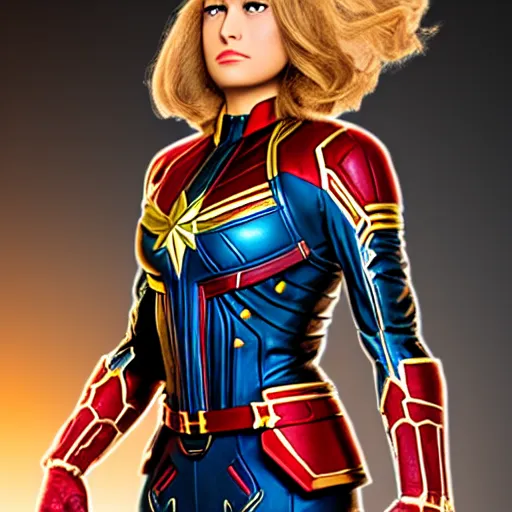 Image similar to captain marvel from the comics as a real person, 5 0 mm, studio lighting