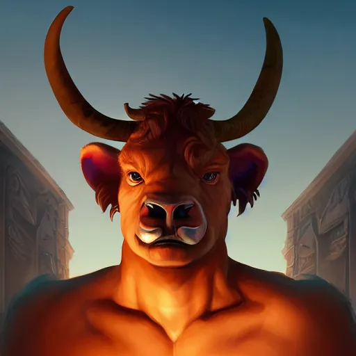 Image similar to portrait of a minotaur, an antropomorphic creature with a bull face, dark hair, mattepainting concept blizzard pixar maya engine on cold night stylized background splash comics global illumination lighting artstation lois van baarle, ilya kuvshinov, rossdraws