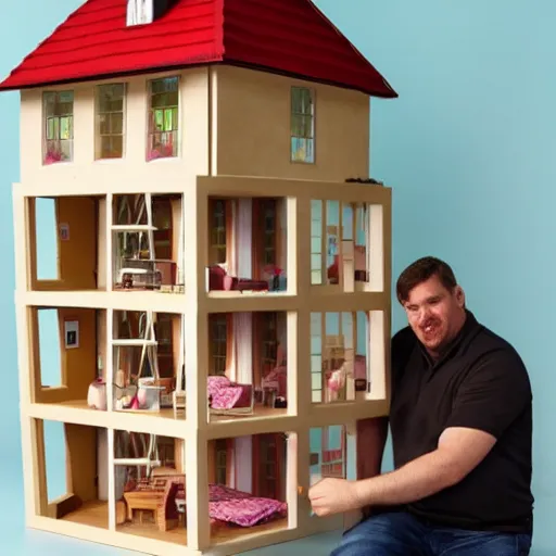 Prompt: A very tall, very strong man sitting on top of a doll house