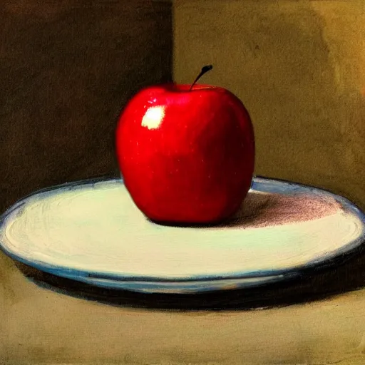 Prompt: a red apple on a blue table, droste effect