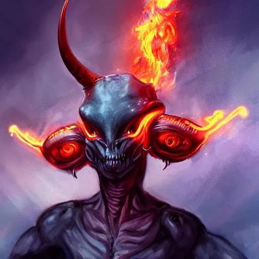 Image similar to realistic alien with horns. red eyes, human eyes, background flames, by ross tran