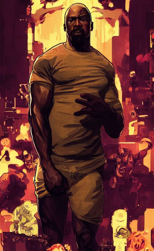 Prompt: Luke Cage, highly detailed, digital painting, artstation, facing camera, concept art, smooth, sharp focus, illustration, art by artgerm and alphonse mucha, high definition digital art, dramatic lighting, in the style of ilya kuvshinov and Ross tran