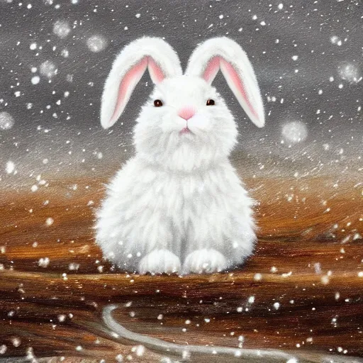 Prompt: cute fluffy white lop eared bunny rabbit sitting in snowy winter landscape detailed painting 4k