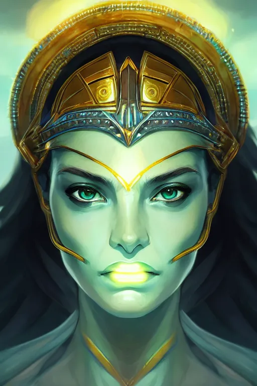 Image similar to The Godess Hera looking angry, detailed armor, portrait radiating a glowing aura, highly detailed, digital painting, artstation, concept art, smooth, sharp focus, beautiful face, symmetric face, enchanted, official fanart, behance, HD, blue and yellow theme, by Makoto Shinkai