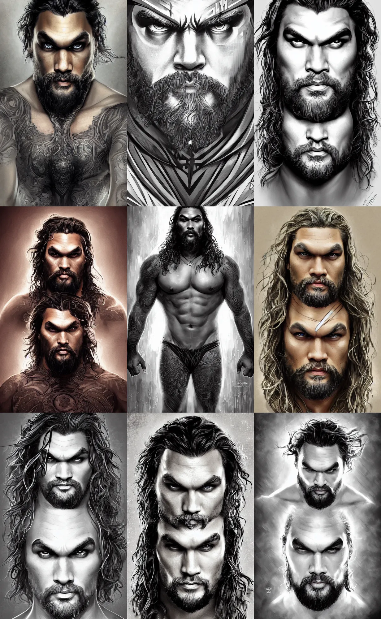 Prompt: jason momoa young symmetrical portrait, glabrous, digital painting, neutral background, intricate, sharp focus, illustration, artgerm, aleksi briclot, mucha