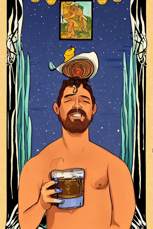 Prompt: an ethereal tarot card painting of a shirtless handsome! goofy cowboy with a chubby build and beer belly sitting at a serene campfire | cans of beans and jugs of whisky | tarot card, art deco, art nouveau | by Mark Maggiori | trending on artstation