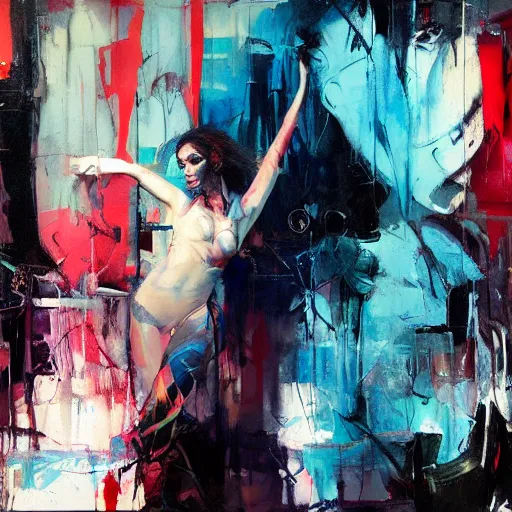 Image similar to portrait of beautiful girl, sensual dancing, ecstatic, techno party, shades of blue, by greg rutkowski, by jeremy mann, by francoise nielly