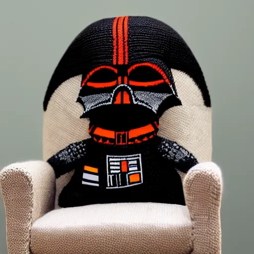 Prompt: knitted doll dart vader sitting on a chair, lethal preservation, proportions, high quality, realism, foreground focus,