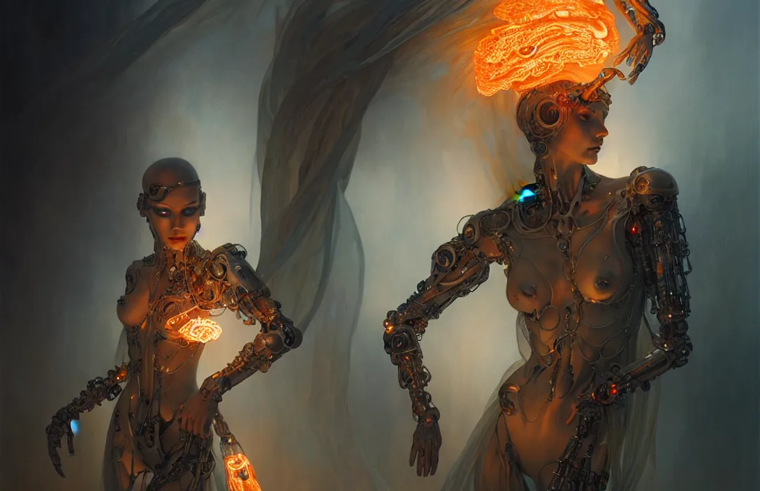 Image similar to translucent cyborg with flaming eyes, veiled in mist, heroic lighting, dark fantasy, intricate, elegant, highly detailed, lifelike, photorealistic, digital painting, artstation, illustration, concept art, smooth, sharp focus, art by John Collier and Albert Aublet and Krenz Cushart and Artem Demura and Alphonse Mucha