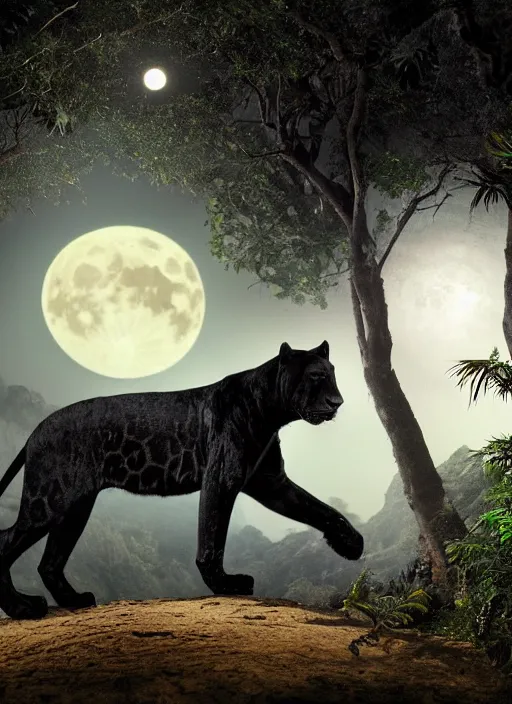 Prompt: a beautiful matte painting of a black jaguar walking in the jungle at night, waling towards the camera, with full moon in the sky, ayahuasca, in the style of Pablo Amaringo