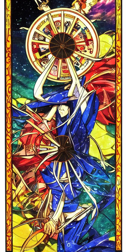 Image similar to Wheel of Fortune tarot card by a famous anime artist. clean, sharp lines,