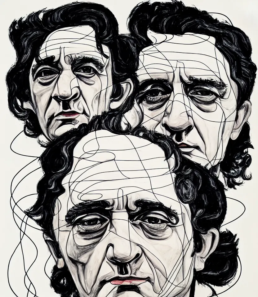 Image similar to elegant line art portrait of johnny cash, inspired by egon schiele. contour lines, graphic musicality, twirls, curls, curves, strong confident personality