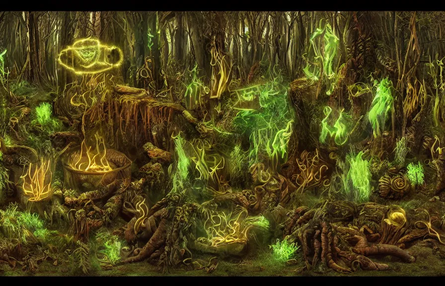 Prompt: shaman, summoning fire / water / light, out of bones / fern / light, green man, misty forest, glowing fungus, cinematic, golden ratio, wavy are the most prompts i used + plenty of variations for building up the details