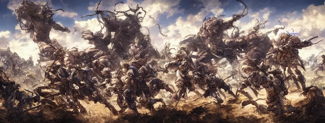 Prompt: calvary soldiers gloriously courageously charging at a beast titan throwing rocks. hyperrealistic anime background illustration by kim jung gi, colorful, extremely detailed faces, intricate linework, smooth, super sharp focus, bright colors, high contrast, matte, octopath traveler, unreal engine 5 highly rendered, global illumination, radiant light