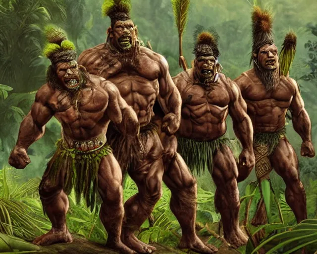 Image similar to hyper realistic group vintage photograph of an orc warrior tribe in the jungle, tall, muscular, hulk like physique, tribal paint, tribal armor, grain, old