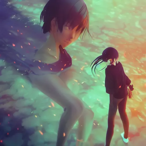 Image similar to photorealistic dramatic liquids anime people render, colorful, atmosphere cinematic, by wlop, by ilyu kuvshinov, by makoto shinkai, shadows, artstation, super detailed, unreal engine 5, octane render, vfx, houdini, 8 k, super realistic