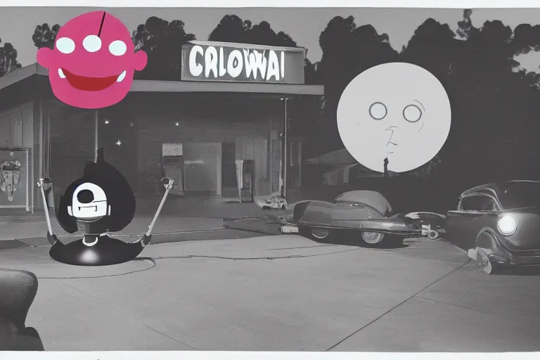 Prompt: robot clown relaxing at a california drive in, in 1 9 5 2, cutecore clowncore, bathed in the the glow, alien castle in background, low - light photograph, in style of tyler mitchell, cut and paste collage